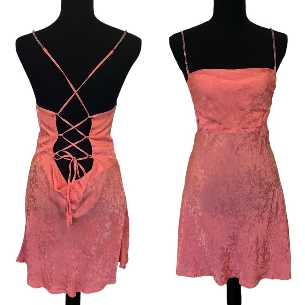 For Love and Lemons Mini Slip Dress Satin Pink Rhinestone Strappy Size Large